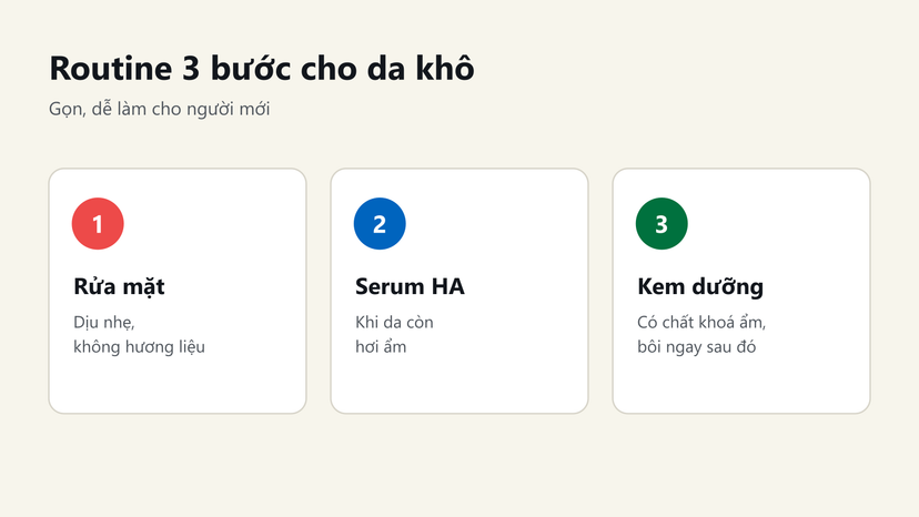 Đồ hoạ routine 3 bước cấp ẩm cho da khô: rửa mặt dịu nhẹ, serum HA khi da hơi ẩm, kem dưỡng khoá ẩm