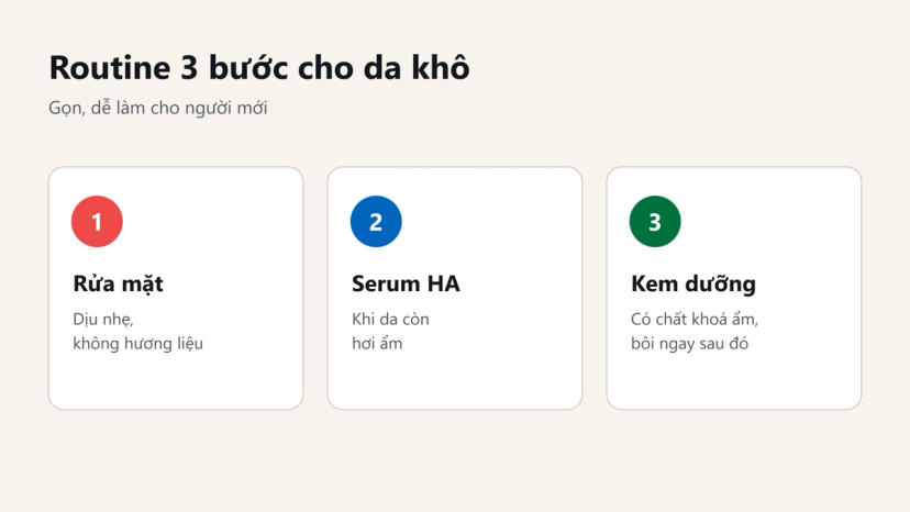 Đồ hoạ routine 3 bước cấp ẩm cho da khô: rửa mặt dịu nhẹ, serum HA khi da hơi ẩm, kem dưỡng khoá ẩm