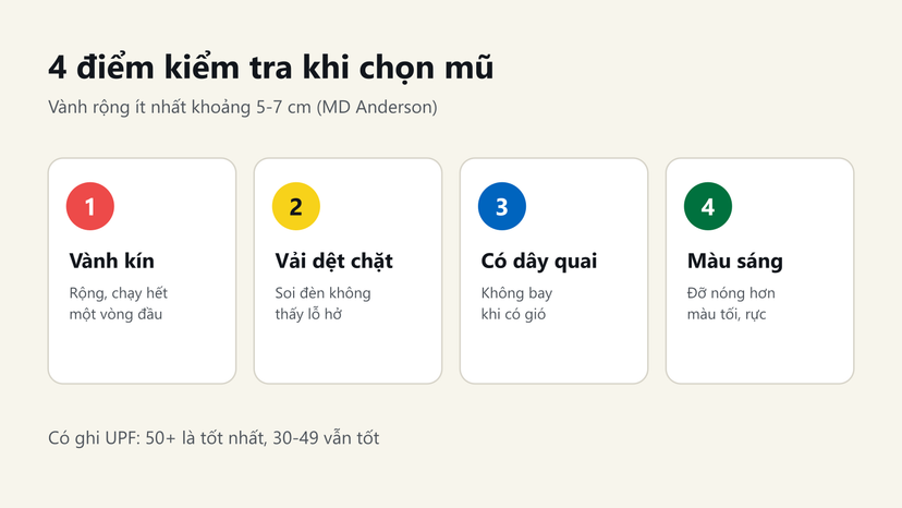 Đồ hoạ 4 điểm kiểm tra khi chọn mũ rộng vành chống nắng: vành kín, vải dệt chặt, có dây quai, màu sáng