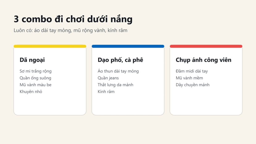 Đồ hoạ 3 combo phụ kiện đi chơi dưới nắng: dã ngoại, dạo phố cà phê, chụp ảnh công viên
