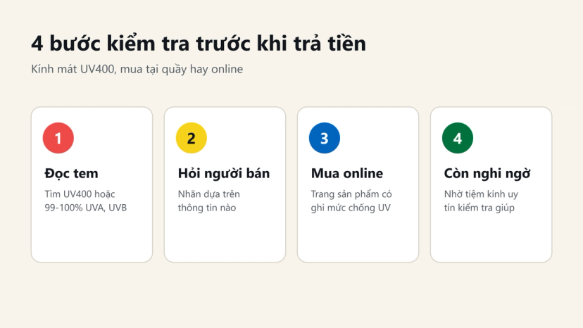 Đồ hoạ 4 bước kiểm tra kính mát UV400 trước khi trả tiền