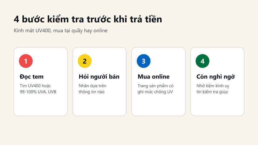 Đồ hoạ 4 bước kiểm tra kính mát UV400 trước khi trả tiền