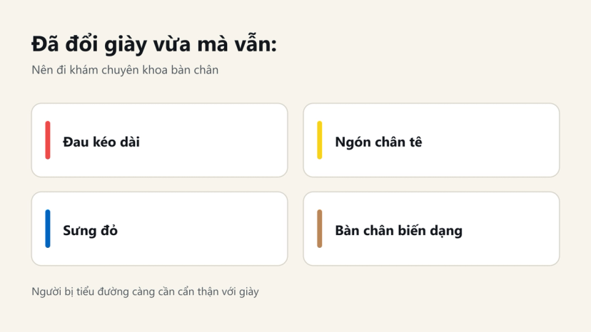 Các dấu hiệu nên đi khám dù đã đổi giày vừa chân: đau kéo dài, ngón chân tê, sưng đỏ, bàn chân biến dạng