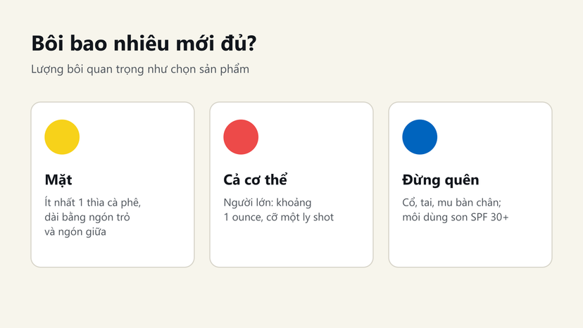 Đồ hoạ lượng kem chống nắng cần bôi: mặt ít nhất 1 thìa cà phê, cơ thể khoảng 1 ounce, đừng quên cổ, tai, môi