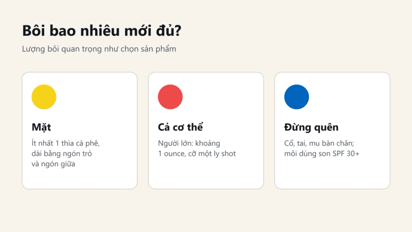 Đồ hoạ lượng kem chống nắng cần bôi: mặt ít nhất 1 thìa cà phê, cơ thể khoảng 1 ounce, đừng quên cổ, tai, môi