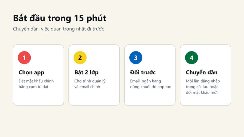 Đồ hoạ 4 bước bắt đầu dùng trình quản lý mật khẩu trong 15 phút