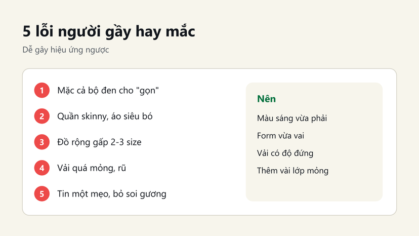 Đồ hoạ 5 lỗi người gầy hay mắc khi chọn đồ và 4 điều nên làm