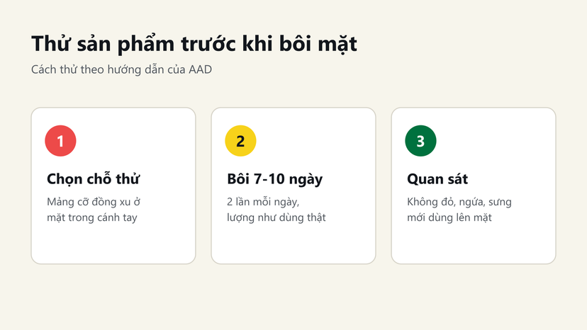 Đồ hoạ 3 bước thử sản phẩm vitamin C ở mặt trong cánh tay trước khi bôi mặt