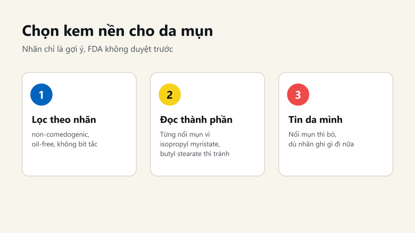 Đồ hoạ 3 bước chọn kem nền cho da mụn: lọc theo nhãn non-comedogenic, đọc thành phần, thử trên da mình