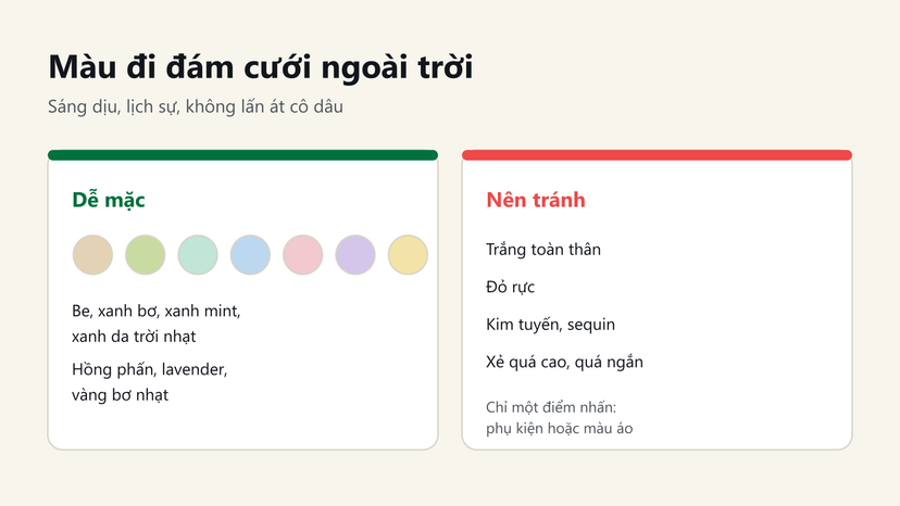 Đồ hoạ bảng màu dễ mặc đi đám cưới ngoài trời và những màu, kiểu nên tránh để không lấn át cô dâu