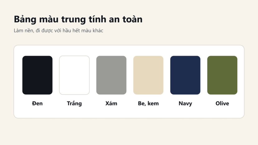 Đồ hoạ bảng 6 màu trung tính: đen, trắng, xám, be kem, navy, olive