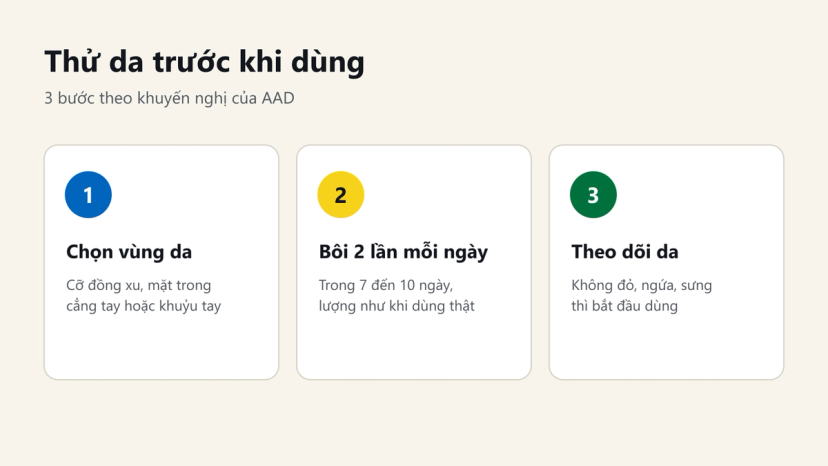 Đồ hoạ 3 bước thử da trước khi dùng mỹ phẩm theo AAD