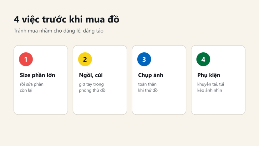 Đồ hoạ 4 việc trước khi mua đồ: chọn size phần lớn, ngồi cúi thử, chụp ảnh toàn thân, dùng phụ kiện