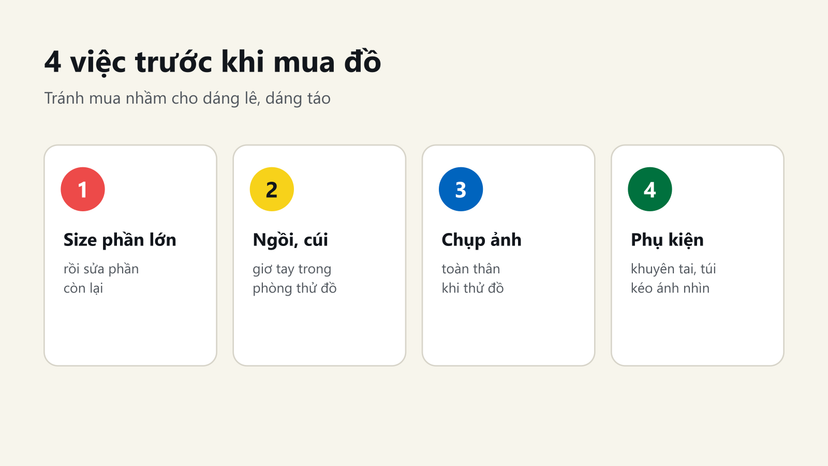 Đồ hoạ 4 việc trước khi mua đồ: chọn size phần lớn, ngồi cúi thử, chụp ảnh toàn thân, dùng phụ kiện