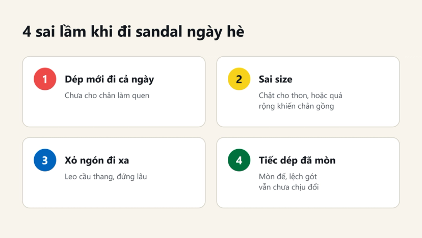 4 sai lầm khi đi sandal ngày hè: dép mới đi cả ngày, sai size, xỏ ngón đi xa, tiếc dép đã mòn