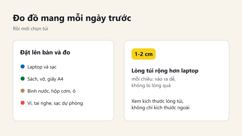 Đồ hoạ: đo laptop, sách vở, bình nước, đồ nhỏ; chọn lòng túi rộng hơn laptop 1-2 cm mỗi chiều
