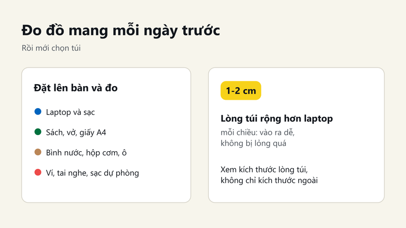 Đồ hoạ: đo laptop, sách vở, bình nước, đồ nhỏ; chọn lòng túi rộng hơn laptop 1-2 cm mỗi chiều