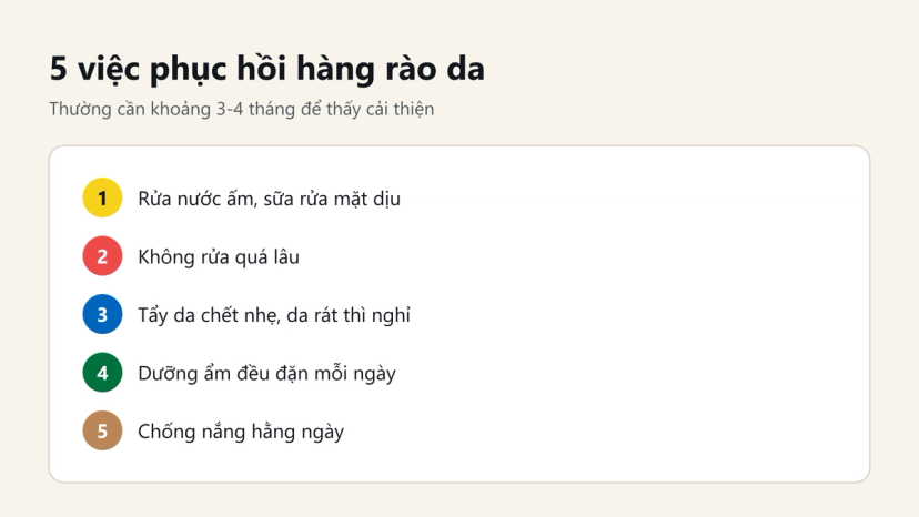 Đồ hoạ 5 việc phục hồi hàng rào da: rửa dịu, không rửa lâu, tẩy da chết nhẹ, dưỡng ẩm, chống nắng