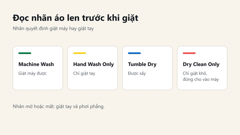 Đồ hoạ 4 ký hiệu trên nhãn áo len: Machine Wash, Hand Wash Only, Tumble Dry, Dry Clean Only