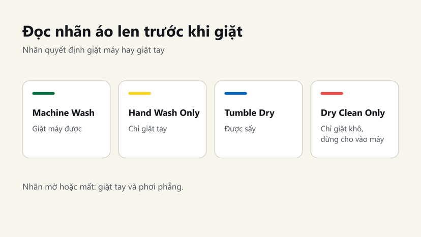 Đồ hoạ 4 ký hiệu trên nhãn áo len: Machine Wash, Hand Wash Only, Tumble Dry, Dry Clean Only