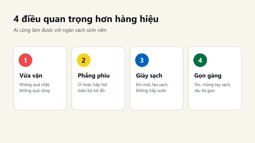 Đồ hoạ 4 điều quan trọng hơn hàng hiệu: vừa vặn, phẳng phiu, giày sạch, gọn gàng