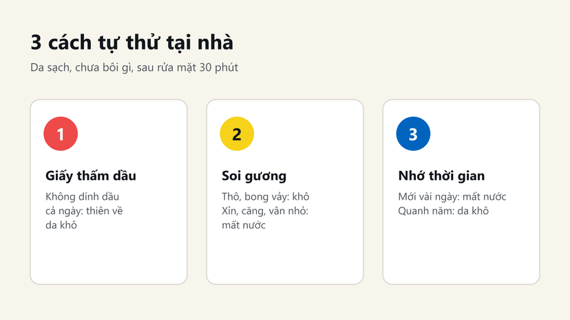 Đồ hoạ 3 cách tự thử da mất nước và da khô tại nhà: giấy thấm dầu, soi gương, nhớ thời gian