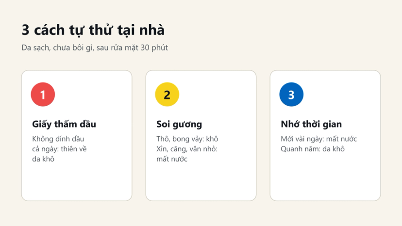 Đồ hoạ 3 cách tự thử da mất nước và da khô tại nhà: giấy thấm dầu, soi gương, nhớ thời gian