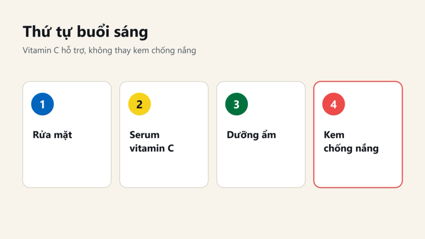 Đồ hoạ thứ tự buổi sáng: rửa mặt, serum vitamin C, dưỡng ẩm, kem chống nắng