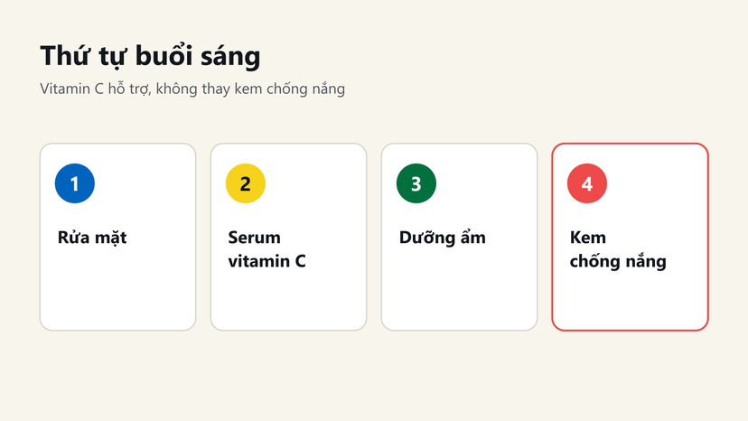 Đồ hoạ thứ tự buổi sáng: rửa mặt, serum vitamin C, dưỡng ẩm, kem chống nắng