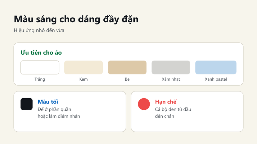 Đồ hoạ màu áo nên ưu tiên cho người gầy: trắng, kem, be, xám nhạt, xanh pastel; màu tối để ở quần