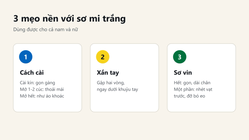 Đồ hoạ 3 mẹo nền khi phối áo sơ mi trắng: cách cài, xắn tay, sơ vin
