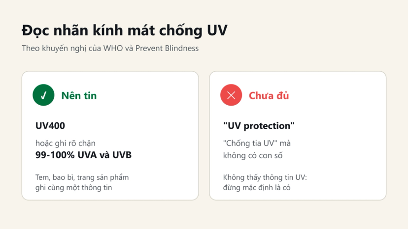 Đồ hoạ so sánh nhãn kính mát nên tin (UV400, chặn 99-100% UVA và UVB) và nhãn chưa đủ