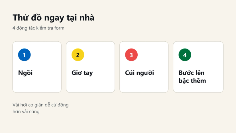 Đồ hoạ 4 động tác thử đồ tại nhà: ngồi, giơ tay, cúi người, bước lên bậc thềm