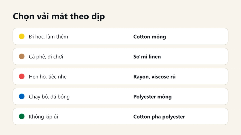 Đồ hoạ: chọn vải mát theo dịp, từ cotton đi học đến polyester khi chạy bộ