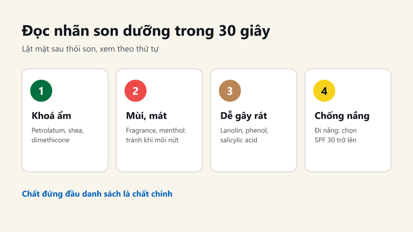 Đồ hoạ 4 bước đọc nhãn son dưỡng: khoá ẩm, mùi mát, chất dễ gây rát, chống nắng