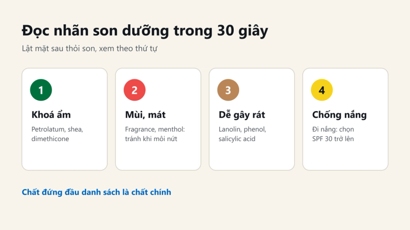 Đồ hoạ 4 bước đọc nhãn son dưỡng: khoá ẩm, mùi mát, chất dễ gây rát, chống nắng