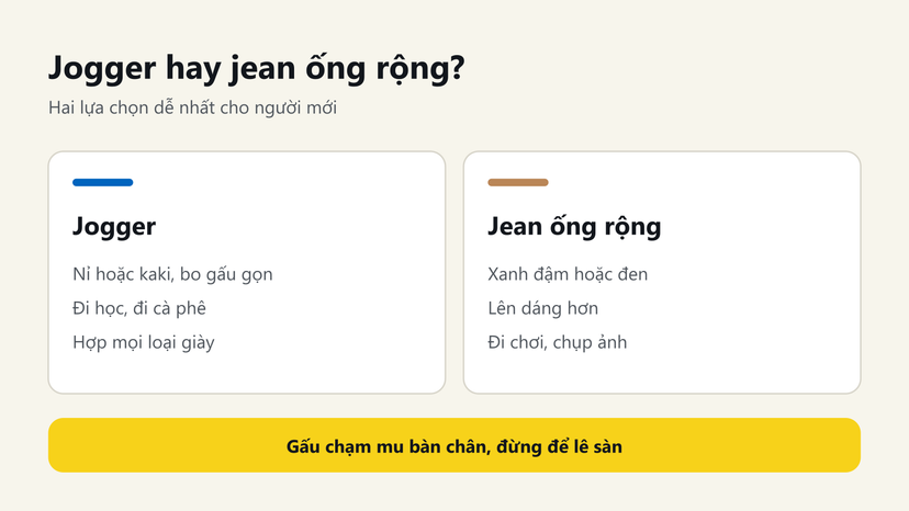 Đồ hoạ so sánh quần jogger và jean ống rộng cho người mới mặc streetwear