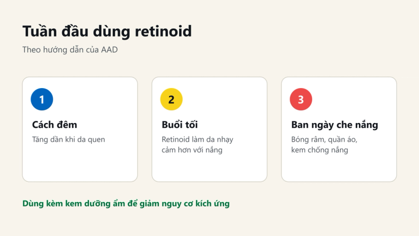 Đồ hoạ 3 việc trong tuần đầu dùng retinoid theo AAD: cách đêm, dùng buổi tối, ban ngày che nắng