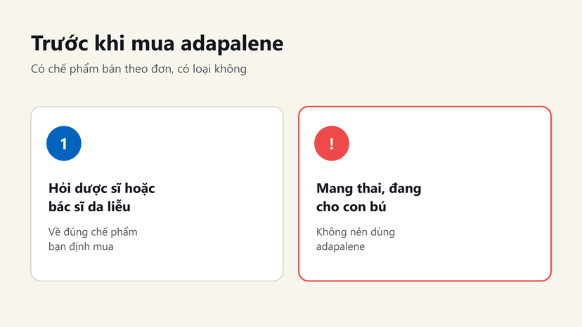 Đồ hoạ lưu ý trước khi mua adapalene: hỏi dược sĩ hoặc bác sĩ, không dùng khi mang thai hoặc cho con bú