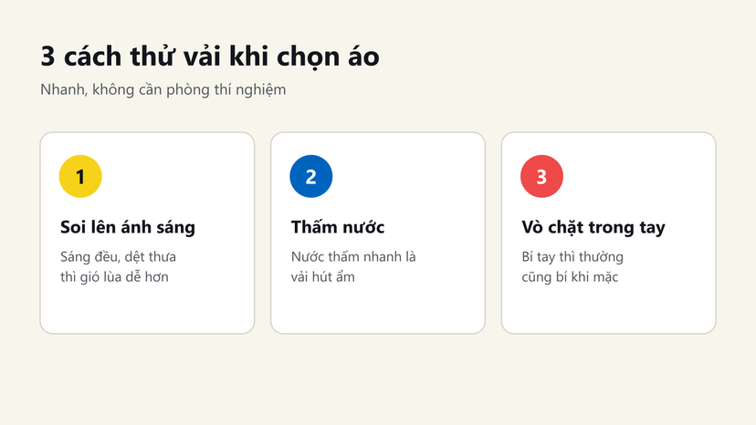 Đồ hoạ 3 cách thử vải: soi lên ánh sáng, thấm nước, vò chặt trong tay