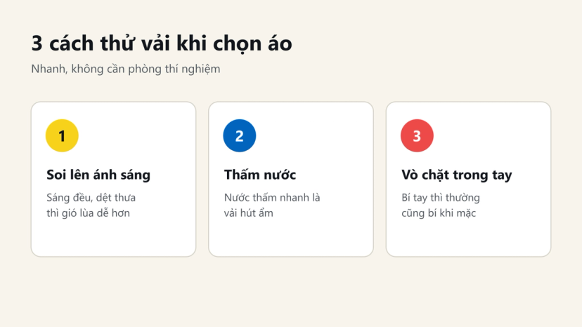 Đồ hoạ 3 cách thử vải: soi lên ánh sáng, thấm nước, vò chặt trong tay