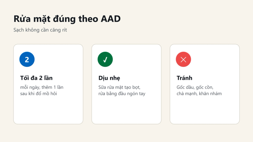 Đồ hoạ cách rửa mặt theo AAD: tối đa 2 lần mỗi ngày, sữa rửa mặt dịu nhẹ, tránh gốc dầu, gốc cồn và chà mạnh