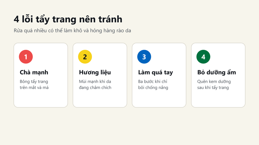 Đồ hoạ 4 lỗi tẩy trang nên tránh: chà mạnh, hương liệu, làm quá tay, bỏ dưỡng ẩm