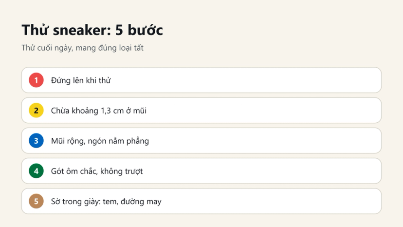 5 bước thử giày sneaker: đứng lên, chừa 1,3 cm ở mũi, mũi rộng, gót ôm chắc, sờ tem và đường may