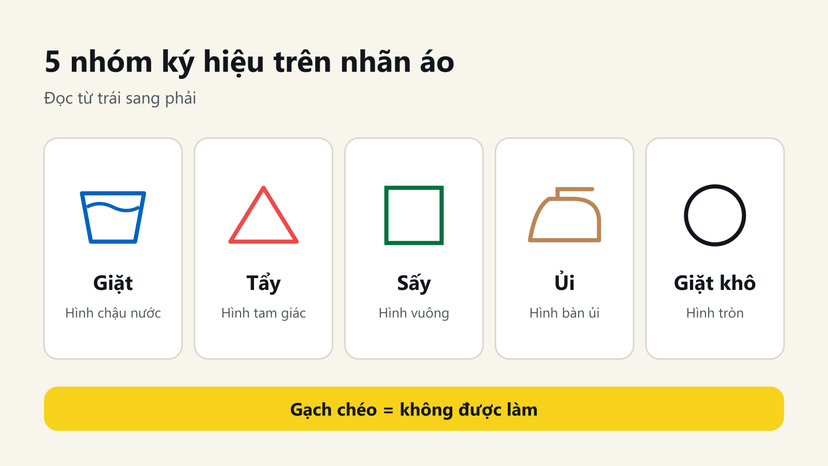 Đồ hoạ 5 nhóm ký hiệu trên nhãn áo: giặt hình chậu, tẩy tam giác, sấy hình vuông, ủi hình bàn ủi, giặt khô hình tròn