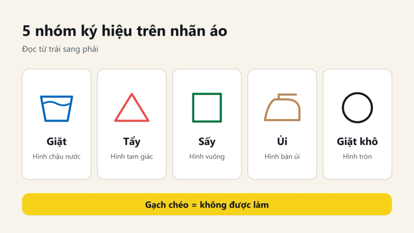 Đồ hoạ 5 nhóm ký hiệu trên nhãn áo: giặt hình chậu, tẩy tam giác, sấy hình vuông, ủi hình bàn ủi, giặt khô hình tròn