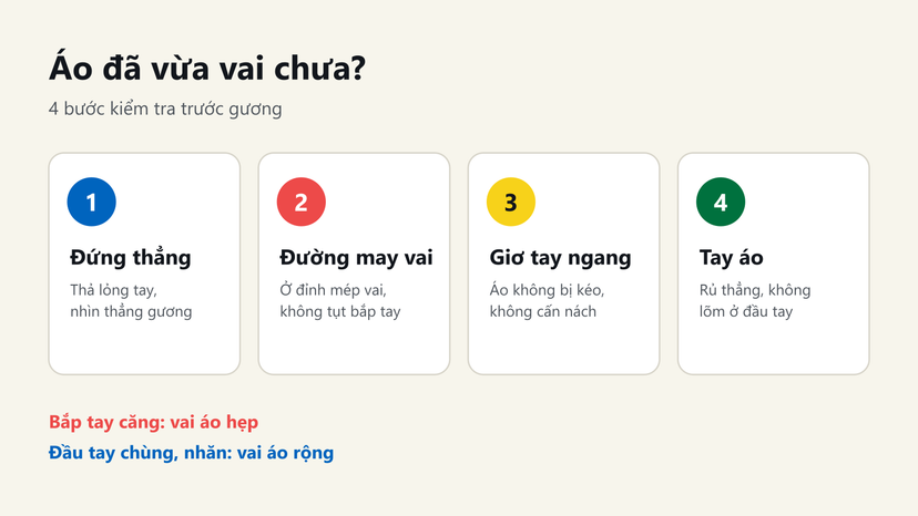 Đồ hoạ 4 bước kiểm tra áo vừa vai trước gương: đứng thẳng, đường may vai, giơ tay ngang, tay áo