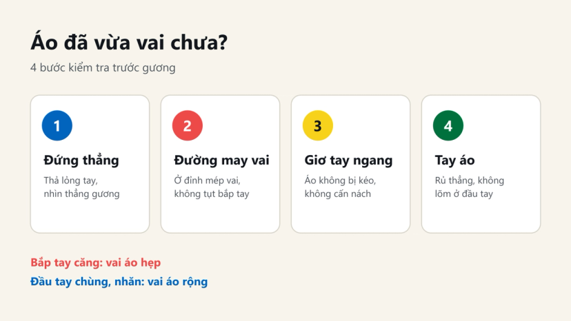 Đồ hoạ 4 bước kiểm tra áo vừa vai trước gương: đứng thẳng, đường may vai, giơ tay ngang, tay áo