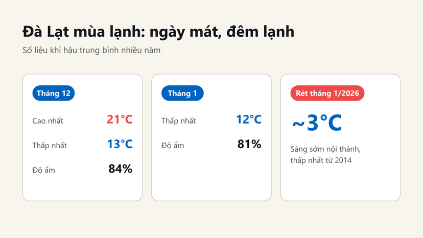 Đồ hoạ nhiệt độ Đà Lạt: tháng 12 cao 21°C, thấp 13°C; tháng 1 thấp 12°C; đợt rét 1/2026 khoảng 3°C