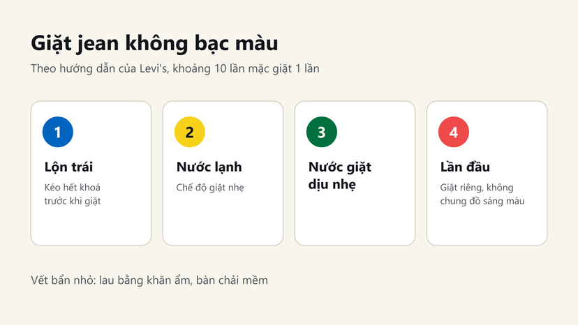Đồ hoạ 4 bước giặt quần jean không bạc màu theo Levi's: lộn trái, nước lạnh, nước giặt dịu nhẹ, lần đầu giặt riêng